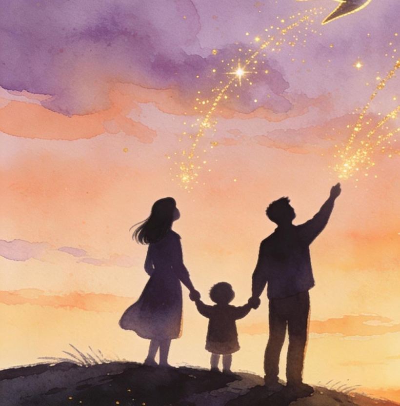 Interior spread: the family silhouetted on a hilltop under a glowing sunset sky, golden sparks trailing upward